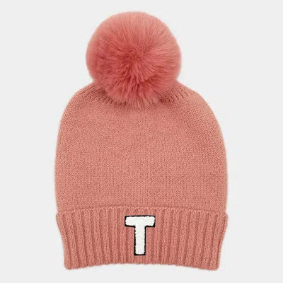 Fashnzfab -t- Initial Monogram Faux Fur Pom Pom Knit Beanie Hat In Pink