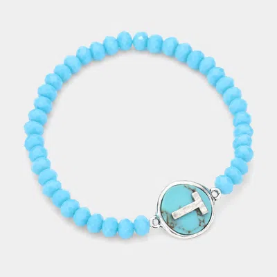 Fashnzfab -t- Initial Monogram Turquoise Charm Faceted Beaded Stretch Bracelet Turquoise In Blue