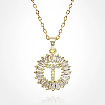 Fashnzfab -t- Stainless Steel Cz Stone Embellished Round Initial Monogram Pendant Necklace In Gold