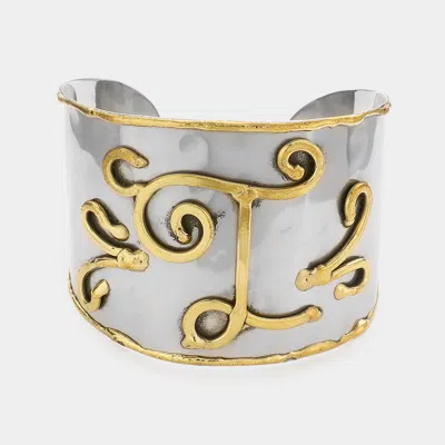 Fashnzfab -t- Two Tone Metal Initial Monogram Cuff Bracelet Two Tone In Gold