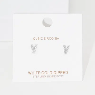 Fashnzfab -v- Cubic Zirconia Initial Monogram Stud Earrings - Rhodium, ~v~ In Metallic