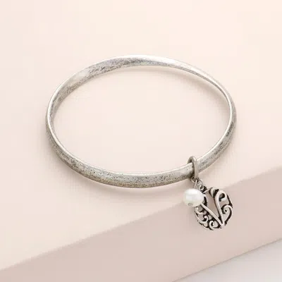 Fashnzfab -v- Initial Monogram Pearl Charm Bangle Bracelet Silver Burnished In Multi