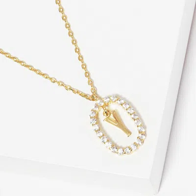 Fashnzfab -y- Gold Dipped Metal Initial Monogram Rhinestone Oval Link Pendant Necklace