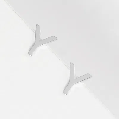 Fashnzfab -y- White Gold Dipped Metal Initial Monogram Stud Earrings - Rhodium, ~y~ In Metallic