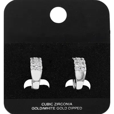 Fashnzfab 0.6" X 0.6" X 0.2" White Gold Dipped Cz Pave Mini Open Hoop Earrings In Metallic