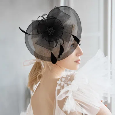 Fashnzfab 10" X 10" Bow Flower Feather Mesh Fascinator Headband In Black