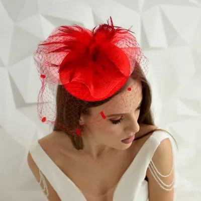 Fashnzfab 10" X 10" Feather Mesh Fascinator / Headband In Red