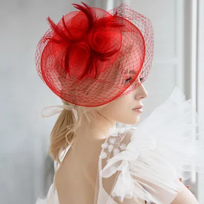 Fashnzfab 10" X 11" Feather Mesh Flower Fascinator / Headband In Red