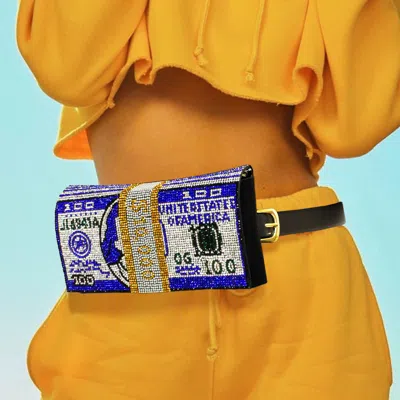 Fashnzfab 10k Usd Money Rhinestone Fanny Pack / Belt / Clutch Bag In Blue