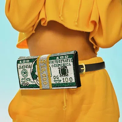 Fashnzfab 10k Usd Money Rhinestone Fanny Pack / Belt / Clutch Bag In Green