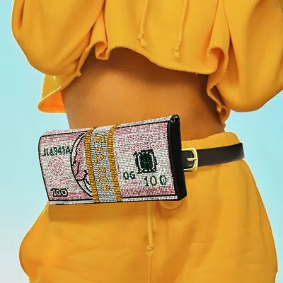 Fashnzfab 10k Usd Money Rhinestone Fanny Pack / Belt / Clutch Bag In Pink