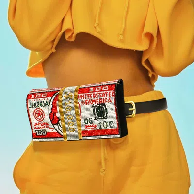 Fashnzfab 10k Usd Money Rhinestone Fanny Pack / Belt / Clutch Bag In Red