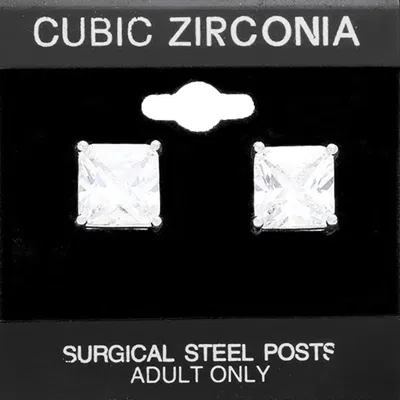 Fashnzfab 10mm Square Cz Stud Earrings In Silver