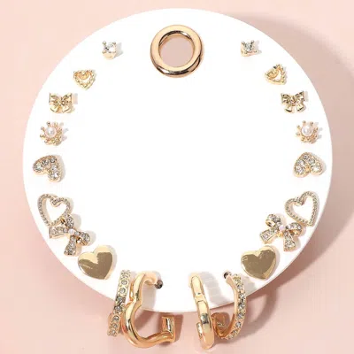 Fashnzfab 10pairs - Assorted Heart Pearl Bow Mixed Earring Set In Brown
