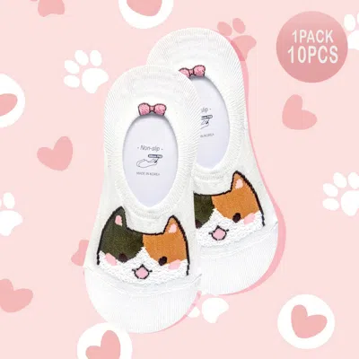 Fashnzfab 10pairs - Cat Face Pointed No Show Socks In White