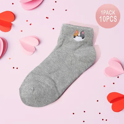 Fashnzfab 10pairs - Cat Face Pointed Socks In Gray