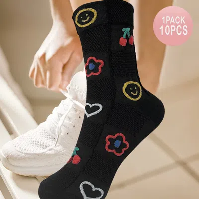 Fashnzfab 10pairs - Cherry Flower Heart Smile Face Patterned Socks In Black