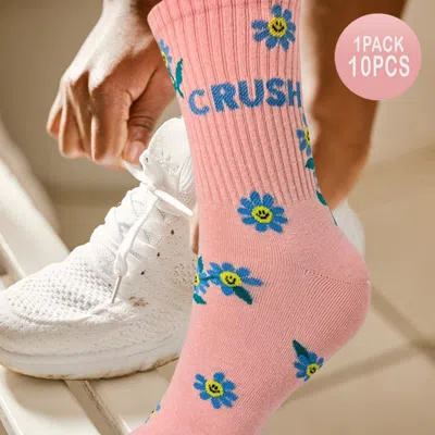 Fashnzfab 10pairs - Crush Message Flower Patterned Socks In Pink
