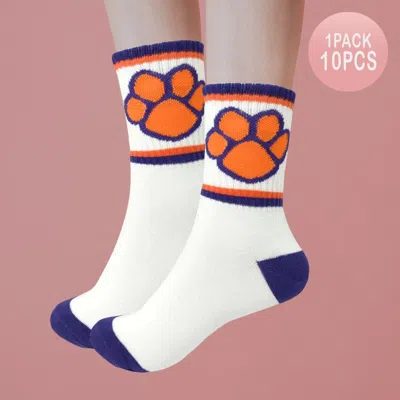 Fashnzfab 10pairs - Game Day Paw Accented Color Block Socks In White