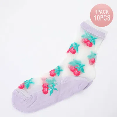 Fashnzfab 10pairs - Sheer Cherry Embroidered Patterned Socks In Purple