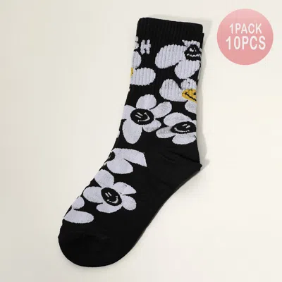 Fashnzfab 10pairs - Smile Flower Pattern Printed Socks In Black