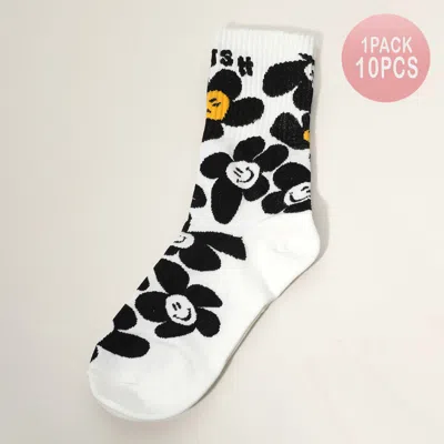 Fashnzfab 10pairs - Smile Flower Pattern Printed Socks In White