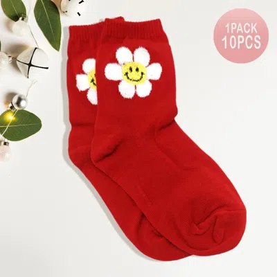 Fashnzfab 10pairs - Smile Flower Printed Socks In Red