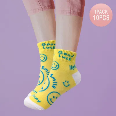 Fashnzfab 10pairs - Smile Hello Good Luck Message Patterned Socks In Yellow