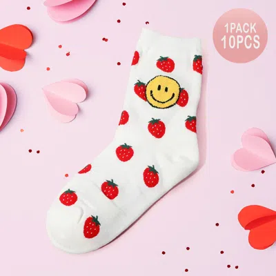Fashnzfab 10pairs - Smile Strawberry Pointed Socks In Neutral