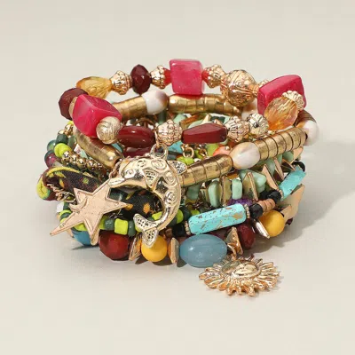 Fashnzfab 10pcs - Boho Dolphin Star Sun Charm Various Beaded Stretch Multi Layered Bracelets - Multi