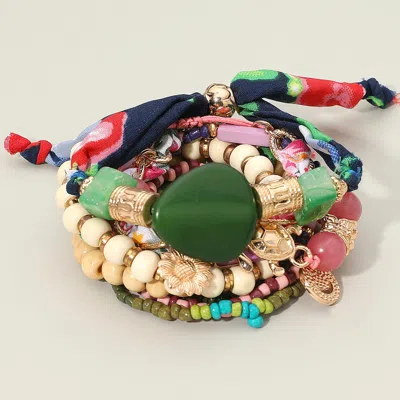 Fashnzfab 10pcs - Boho Flower Turtle Charm Accent Wood Beaded Stretch Adjustable Multi Layered Bracelets - Mul