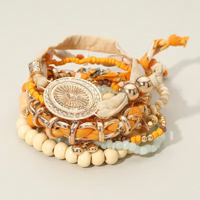 Fashnzfab 10pcs - Boho Mixed Beads Fabric Scarf Wrapped Chain Stretch Adjustable Multi Layered Bracelets - Mus In Yellow
