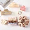 Fashnzfab 10pcs - Flower Square Hair Claw Clips Stretchable Fabric Hairbands Set In Brown