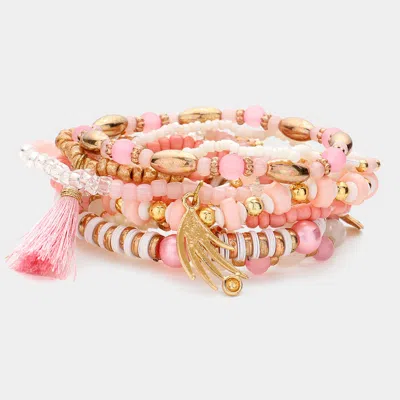 Fashnzfab 10pcs - Glass Seed Heishi Beaded Tassel Charm Stretch Layered Bracelets In Pink
