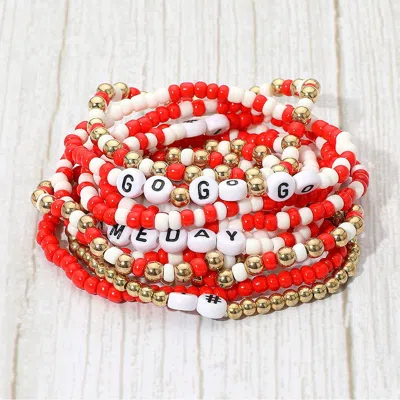 Fashnzfab 10pcs - Go Gameday Message Beaded Stretch Multi Layered Bracelets In Red