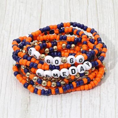 Fashnzfab 10pcs - Go Gameday Message Beaded Stretch Multi Layered Bracelets Navy, Orange
