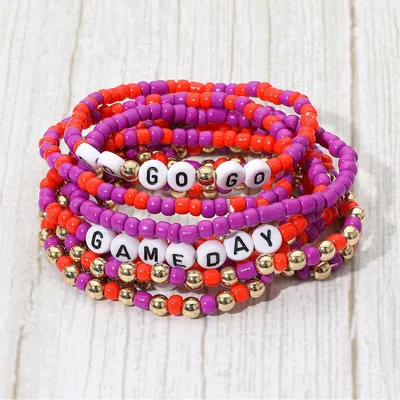 Fashnzfab 10pcs - Go Gameday Message Beaded Stretch Multi Layered Bracelets Orange, Purple