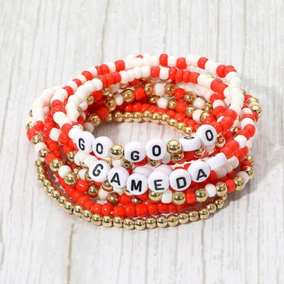 Fashnzfab 10pcs - Go Gameday Message Beaded Stretch Multi Layered Bracelets Orange, White