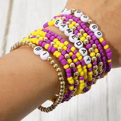 Fashnzfab 10pcs - Go Gameday Message Beaded Stretch Multi Layered Bracelets Purple, Yellow