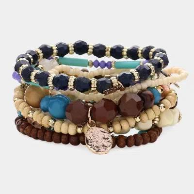 Fashnzfab 10pcs - Hammered Metal Disc Charm Pointed Wood Various Beaded Stretch Multi Layered Bracelets