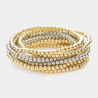 Fashnzfab 10pcs - Metal Ball Beaded Stretch Multi Layered Bracelets 1.5" H In Gold