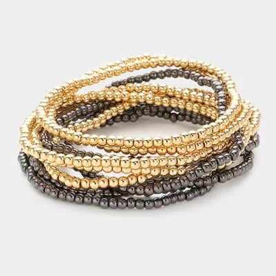 Fashnzfab 10pcs - Metal Ball Stretch Multi Layered Bracelets Black, Gold