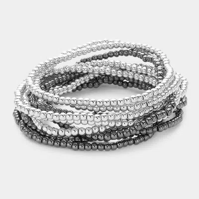 Fashnzfab 10pcs - Metal Ball Stretch Multi Layered Bracelets Black, Rhodium