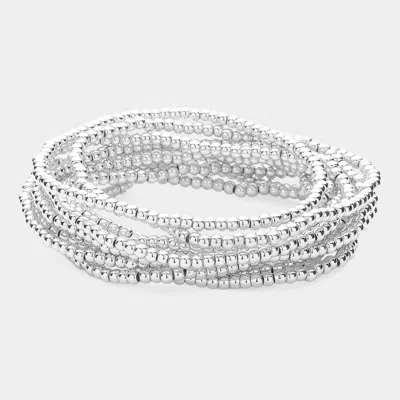 Fashnzfab 10pcs - Metal Ball Stretch Multi Layered Bracelets Rhodium