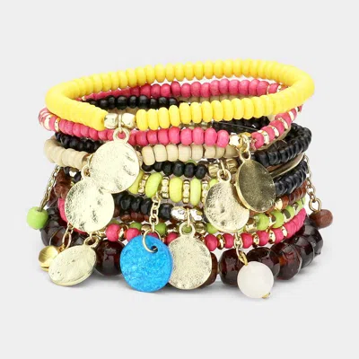 Fashnzfab 10pcs - Metal Disc Charm Wood Multi Beaded Stretch Bracelets