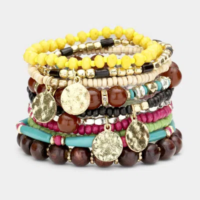 Fashnzfab 10pcs - Metal Disc Charm Wood Multi Beaded Stretch Bracelets