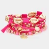 Fashnzfab 10pcs - Multi Bead Metal Puka Shell Heart Coin Disc Tassel Charm Layered Bracelets In Pink