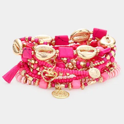 Fashnzfab 10pcs - Multi Bead Metal Puka Shell Heart Coin Disc Tassel Charm Layered Bracelets In Pink