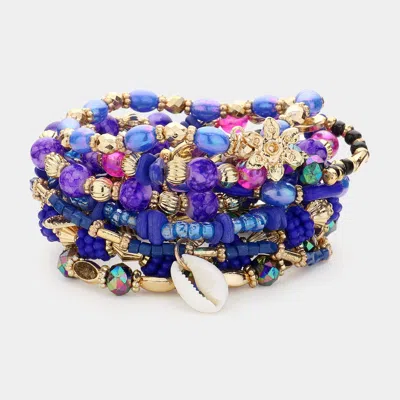Fashnzfab 10pcs - Shell Metal Flower Heart Charm Wood Multi Beads Beaded Layered Bracelets In Blue