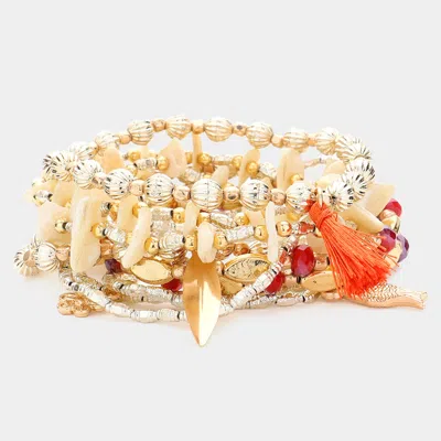 Fashnzfab 10pcs - Swirl Metal Disc Tassel Charm Mother Of Pearl Beaded Fish Flower Charms Stretch Multi Layere In Gold